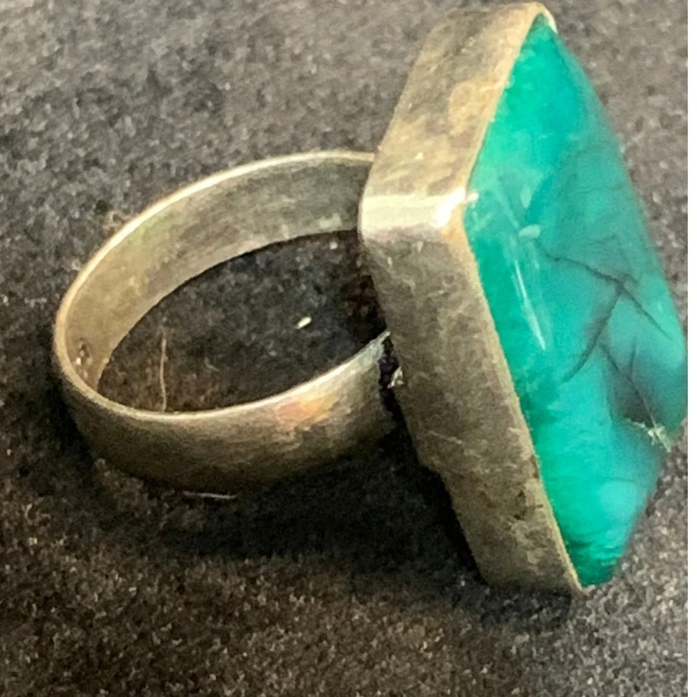 Vintage Artisan Sterling Silver Aqua Green Stone Statement Ring 925 Size 6